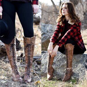 Bed Stu Della Boot Glastonbury Lace Up Knee High Leather Tan Rustic Size 7.5